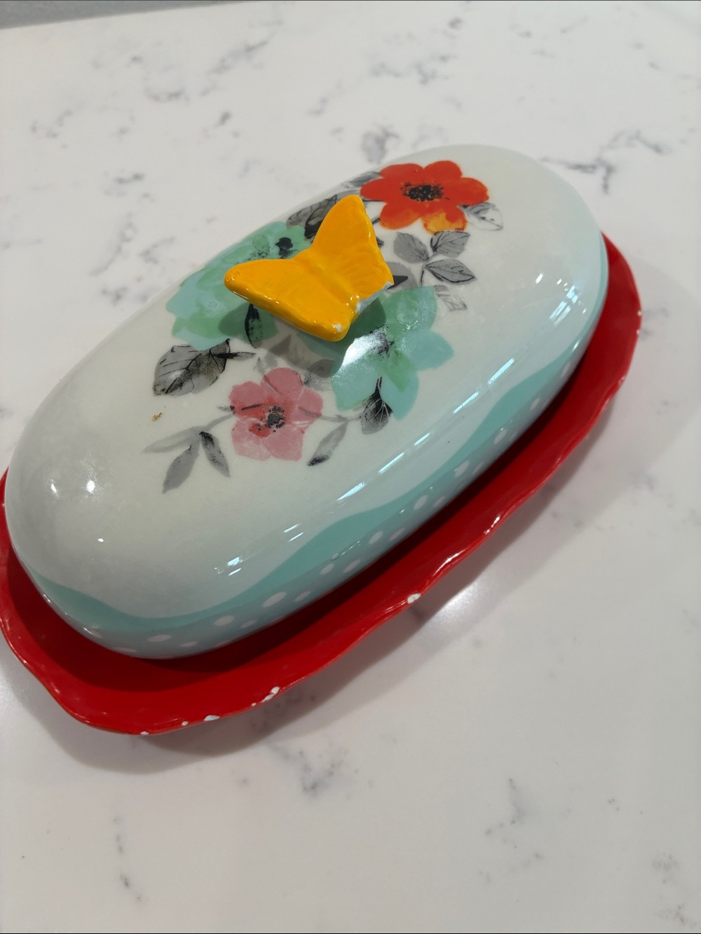Pioneer Woman Floral Butter Dish with Yellow Butterfly Accent